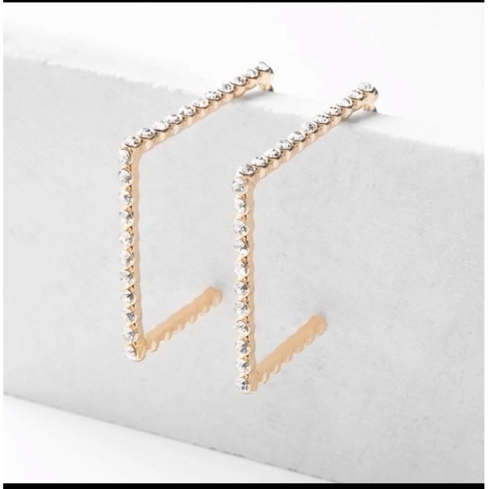 Plunder "Callie" Gold Crystal Square Hoop Earrings Geometric Rhinestone‎